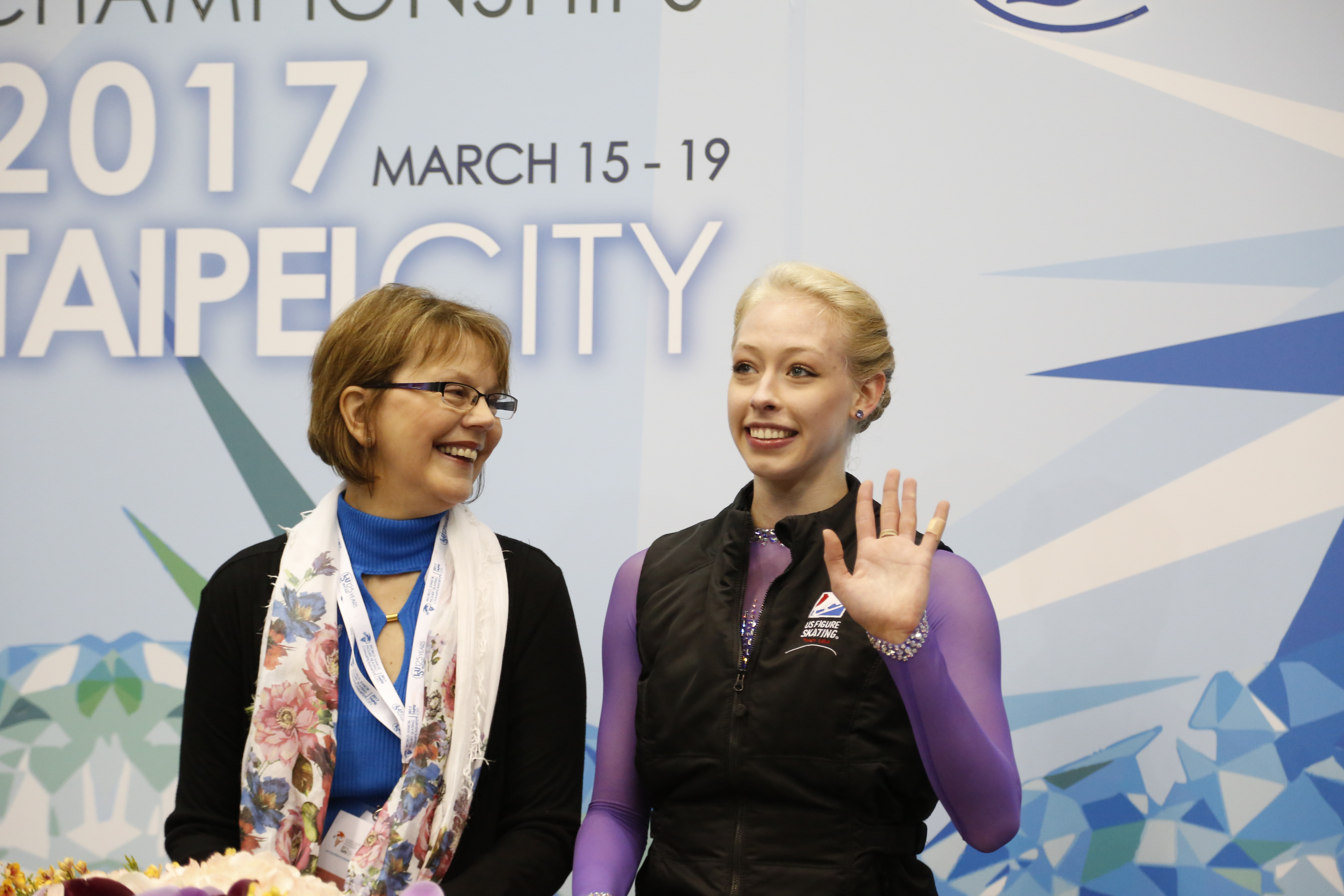 Bradie Tennell in the kiss and cry at the 2017 World Junior Figure Skating Championships in Taipei City, Taiwan.